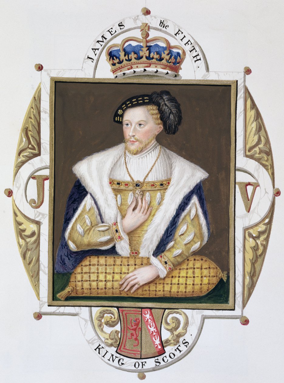 صورة لجيمس الخامس (1512-42) ملك اسكتلندا من "مذكرات محكمة الملكة إليزابيث" ، نُشر عام 1825 (مرحاض وغواش على ورق) بواسطة سارة كونتيسة إسكس