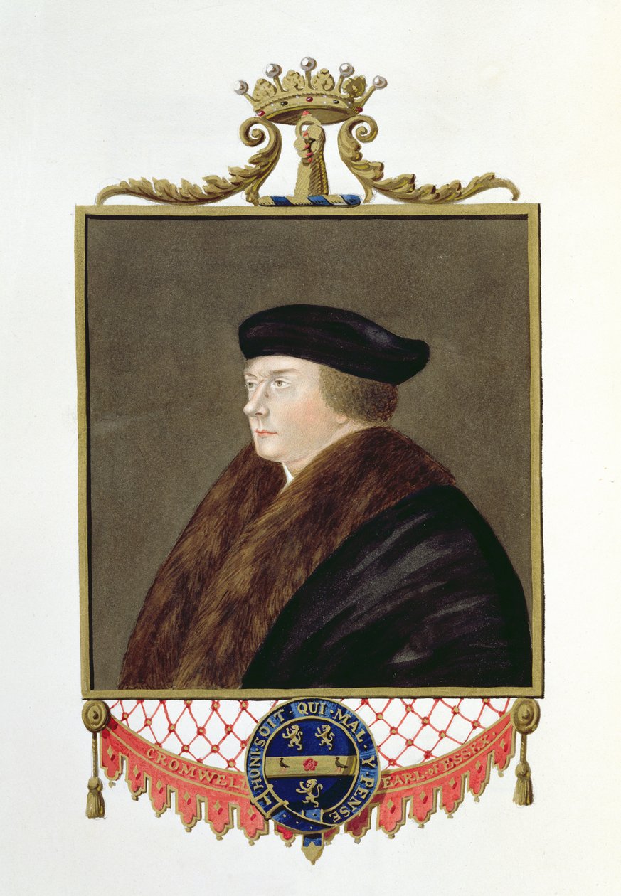 صورة لتوماس كرومويل (c.1485-1540) Ist Earl of Essex من "مذكرات محكمة الملكة إليزابيث" ، نُشر عام 1825 (مرحاض وغواش على ورق) بواسطة سارة كونتيسة إسكس