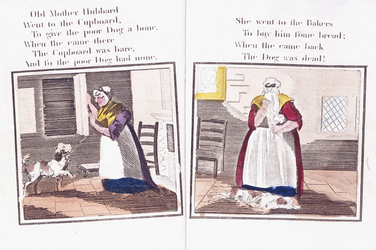 صفحتان من كتاب أغاني الأطفال "The Comic Adventures of Old Mother Hubbard and Her Dog" بواسطة سارة كاثرين (بعد) مارتن