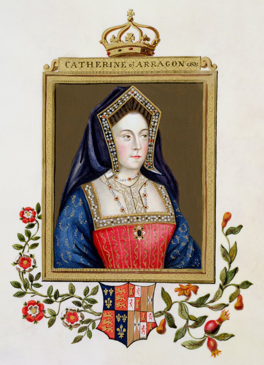 صورة لكاترين أوف أراغون (1485-1536) الملكة الأولى لهنري الثامن من "مذكرات محكمة الملكة إليزابيث" ، نُشرت عام 1825 (مرحاض وغواش على ورق) بواسطة سارة كونتيسة إسكس
