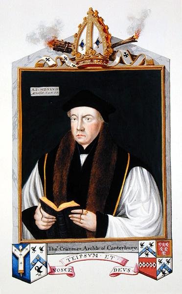 صورة لتوماس كرانمر (1489-1556) رئيس أساقفة كانتربري من "مذكرات محكمة الملكة إليزابيث" ، نُشرت عام 1825 (ألوان مائية وغواش على ورق) بواسطة سارة كونتيسة إسكس