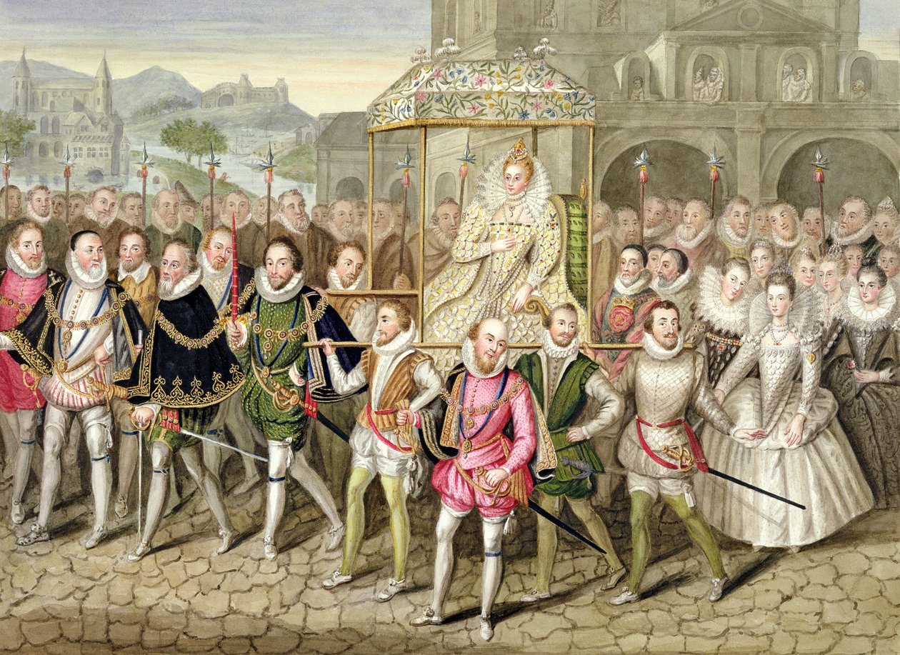 الملكة إليزابيث الأولى في موكب مع رجالها (c.160003) من "مذكرات محكمة الملكة إليزابيث" بعد نفط منسوب إلى روبرت بيك (c.1592-1667) في قلعة شيربورن ، نُشر في 18 بواسطة سارة كونتيسة إسكس