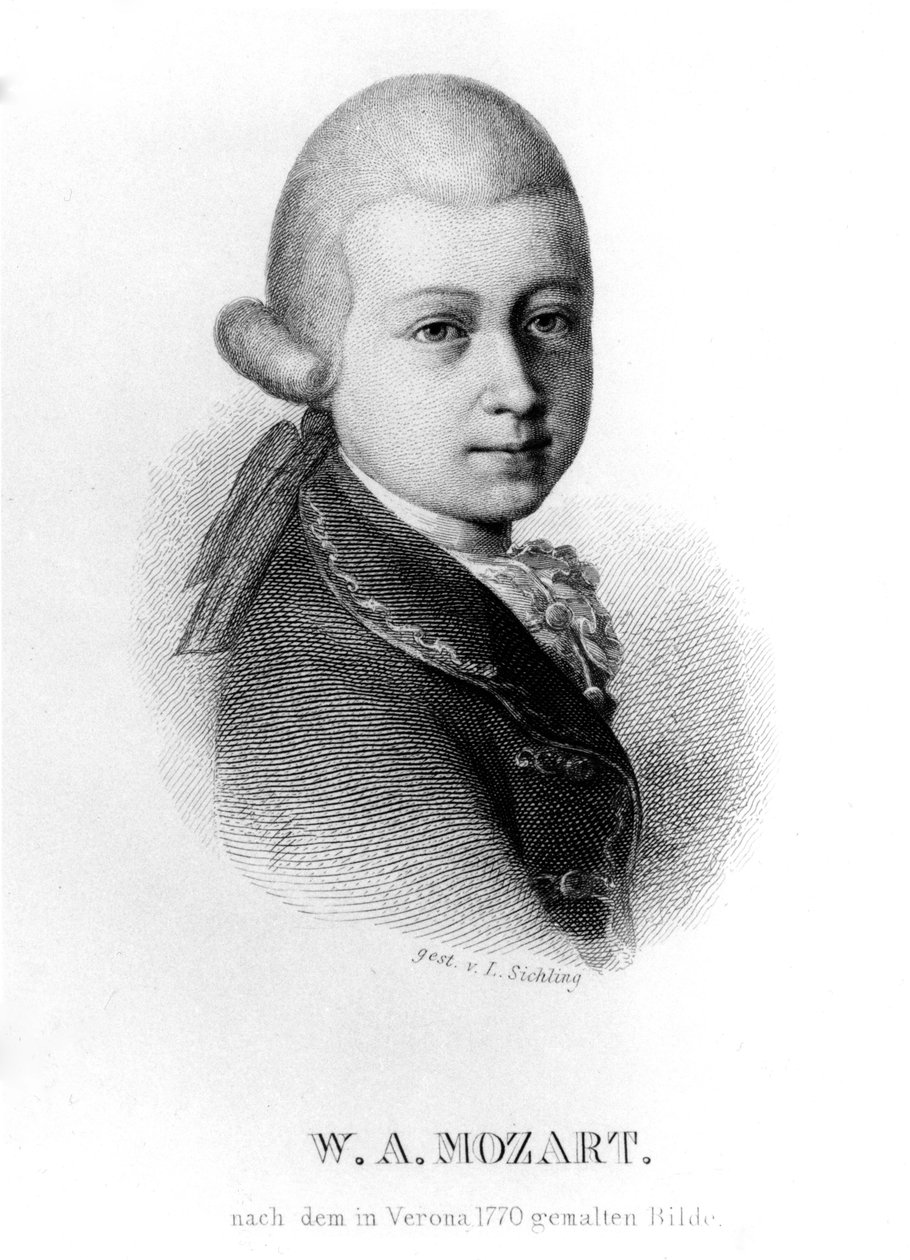 فولفجانج أماديوس موتسارت في 1770 ، نقشها لازاروس سيشلينج بواسطة Saverio dalla Rosa