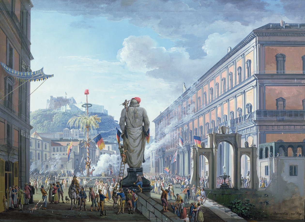 Palazzo Reale ، في اللحظة التي تم فيها قطع شجرة الحرية وتوجيه القوات بشكل جماعي من قبل الإنجليز في 1799 ، 1800 بواسطة Saviero Xavier della Gatta