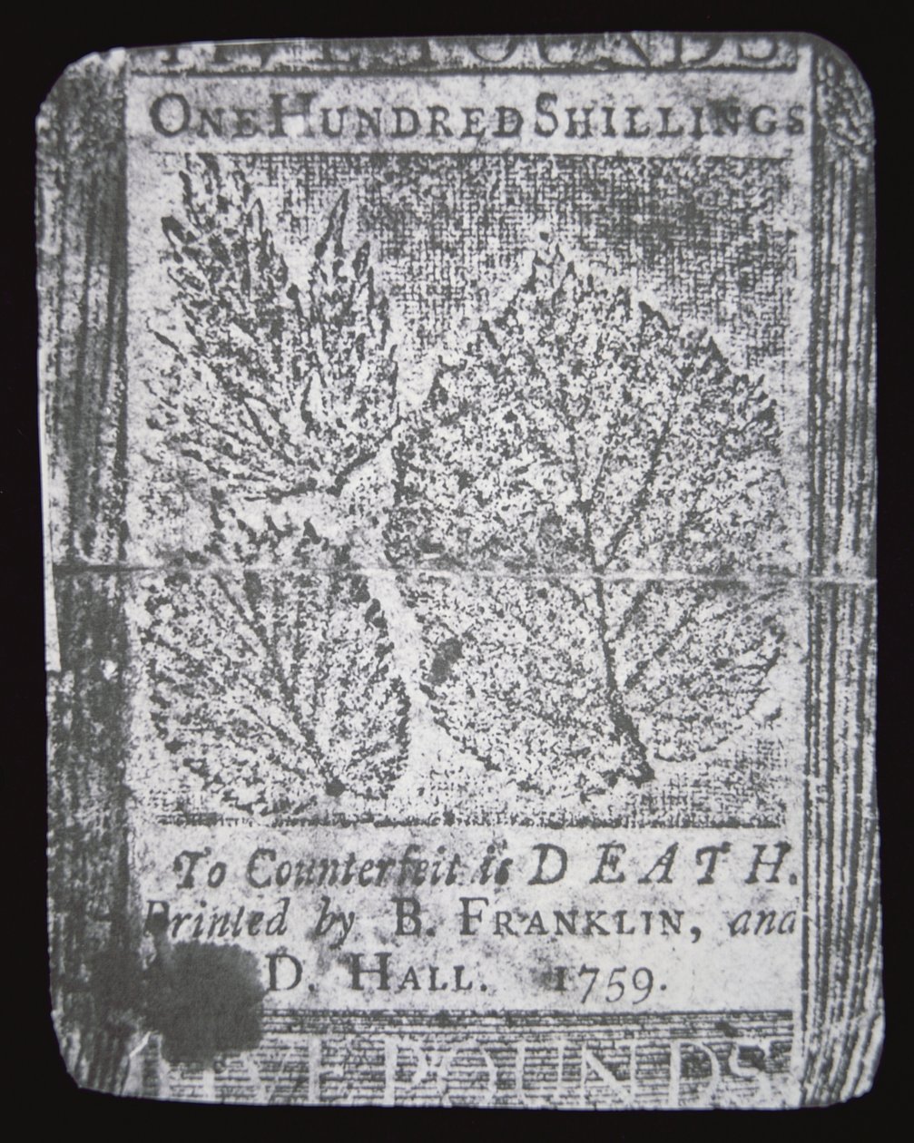 A 100 shilling note designed and printed by Benjamin Franklin in 1759 (litho) بواسطة المدرسة الأمريكية