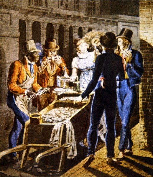 رجل محار يبيع بضاعته خارج مسرح شارع تشيستنت في فيلادلفيا ، حوالي عام 1796 (ألوان مائية على ورق) بواسطة المدرسة الأمريكية