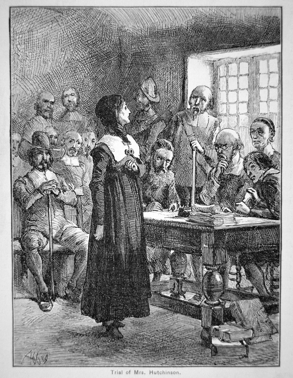 Anne Hutchinson on trial for offending the Puritan clergy in Massachusetts (litho) بواسطة المدرسة الأمريكية