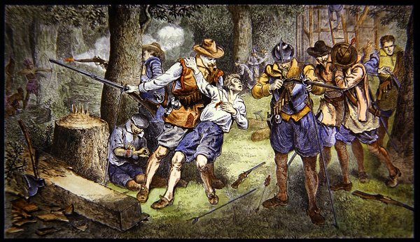 الدفاع عن مستوطنة الأطفال ضد الهجوم الهندي في مستعمرة جيمستاون ، فيرجينيا عام 1607 (لون ليثو) بواسطة المدرسة الأمريكية