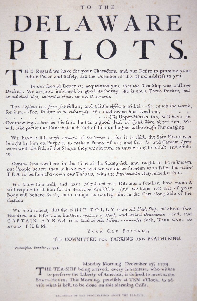 Facsmile of the proclamation from the Philadelphia patriots to the Delaware Pilots warning them not to deal with the British tea ship, 7 December 1773 (litho) بواسطة المدرسة الأمريكية