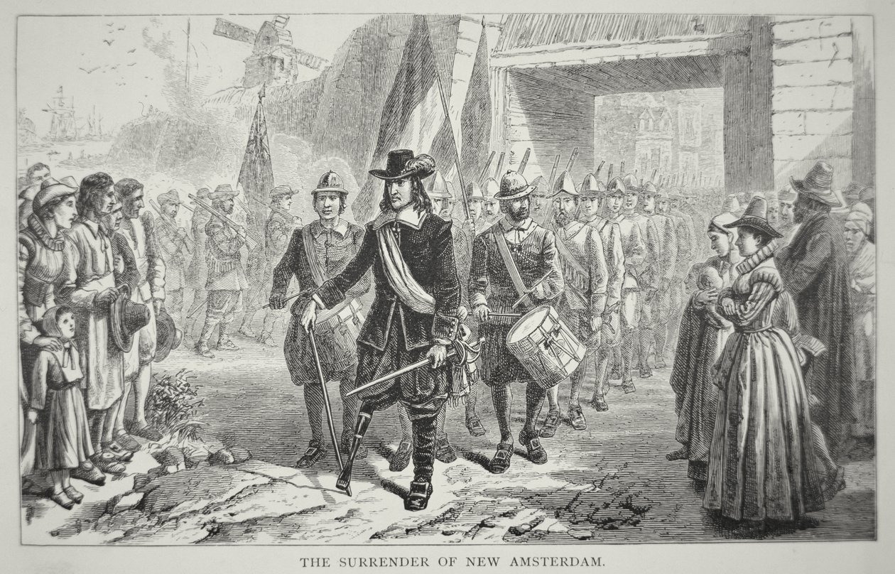 Governor Peter Stuyvesant surrenders New Amsterdam to the British in 1664 (litho) بواسطة المدرسة الأمريكية