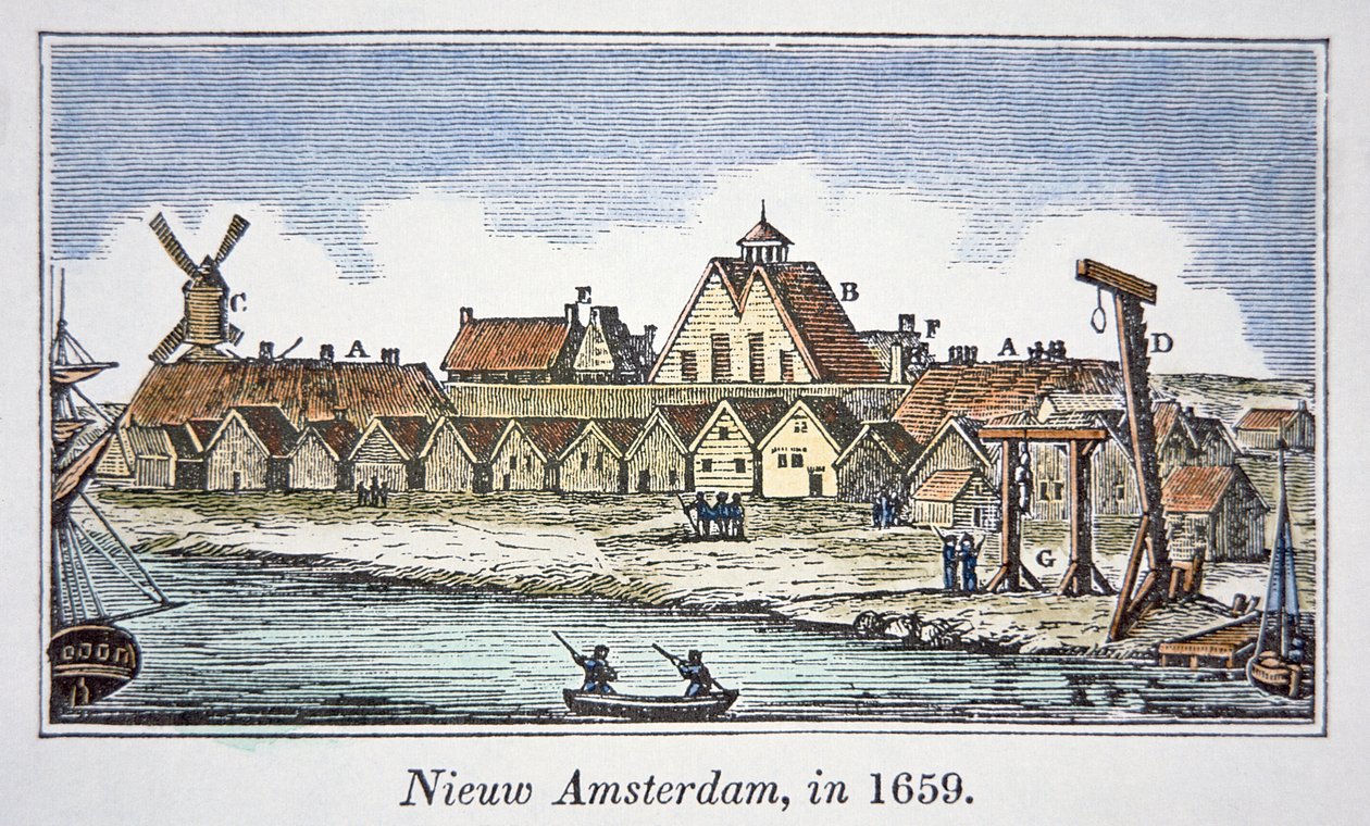 New Amsterdam (later New York) on Manhattan Island, from a view published in 1659 (colour litho) بواسطة المدرسة الأمريكية
