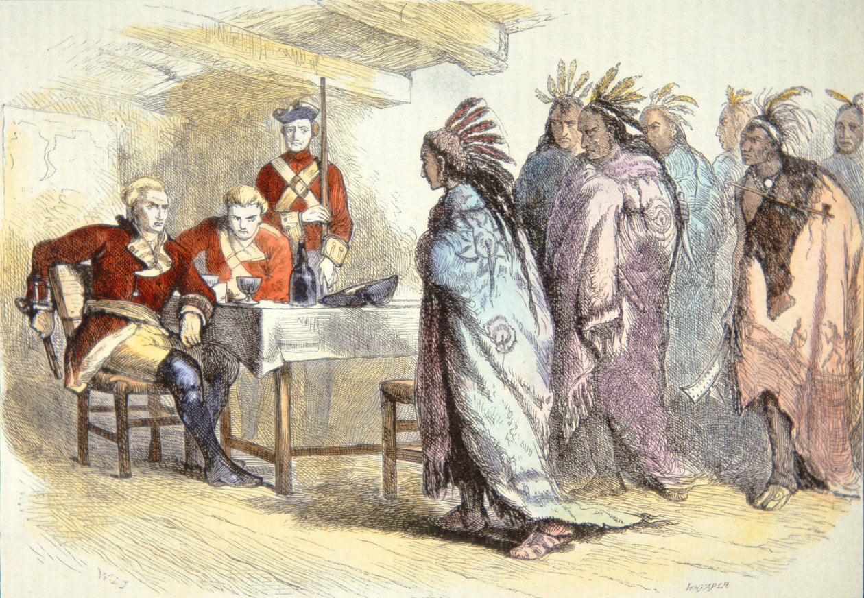 بونتياك تزور الرائد جلادوين في فورت ديترويت عام 1763 (لون ليثو) بواسطة المدرسة الأمريكية