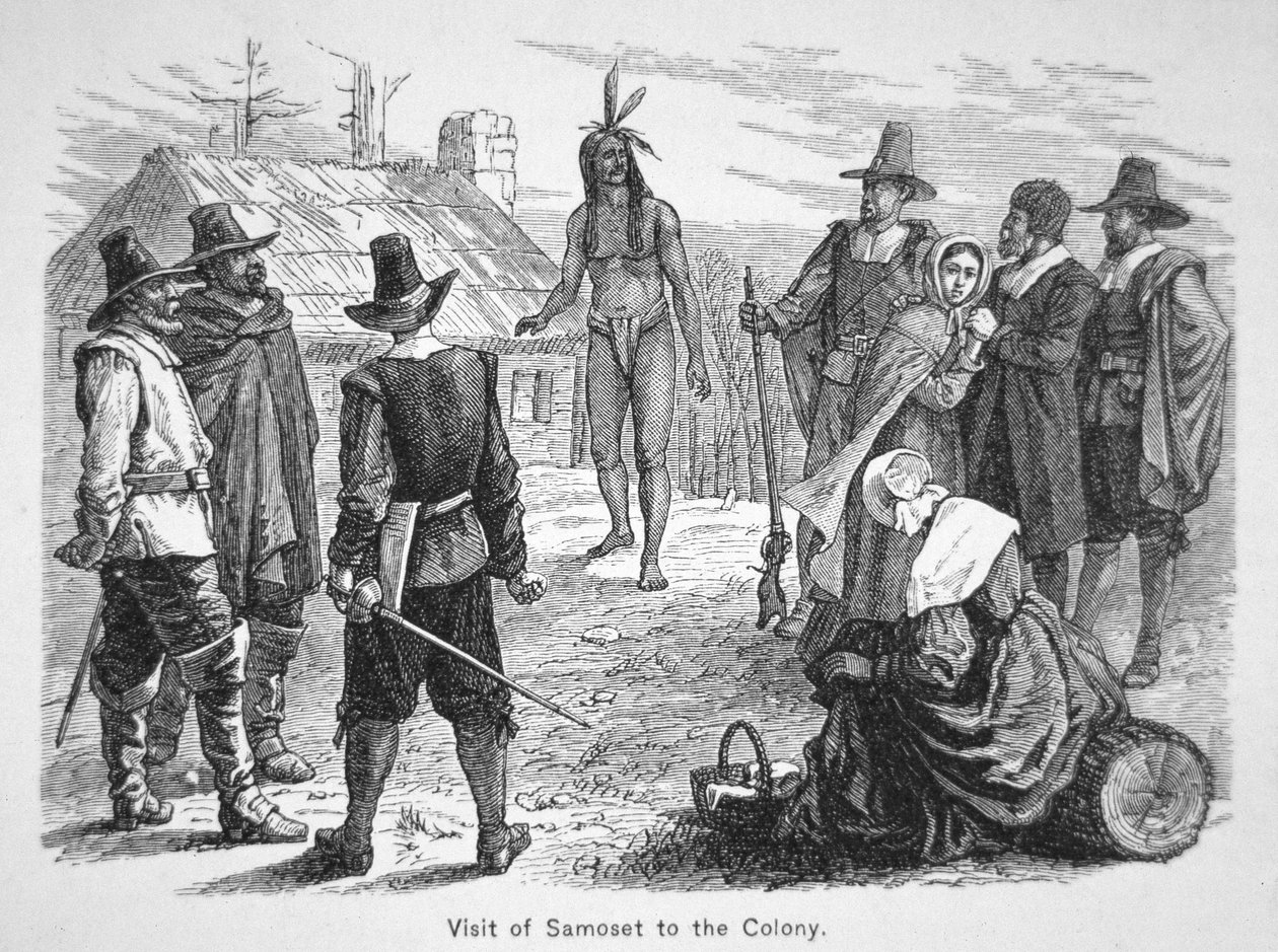 Samoset, Chief of the Pemaquids visits the Pilgrim Fathers in 1621 (litho) بواسطة المدرسة الأمريكية