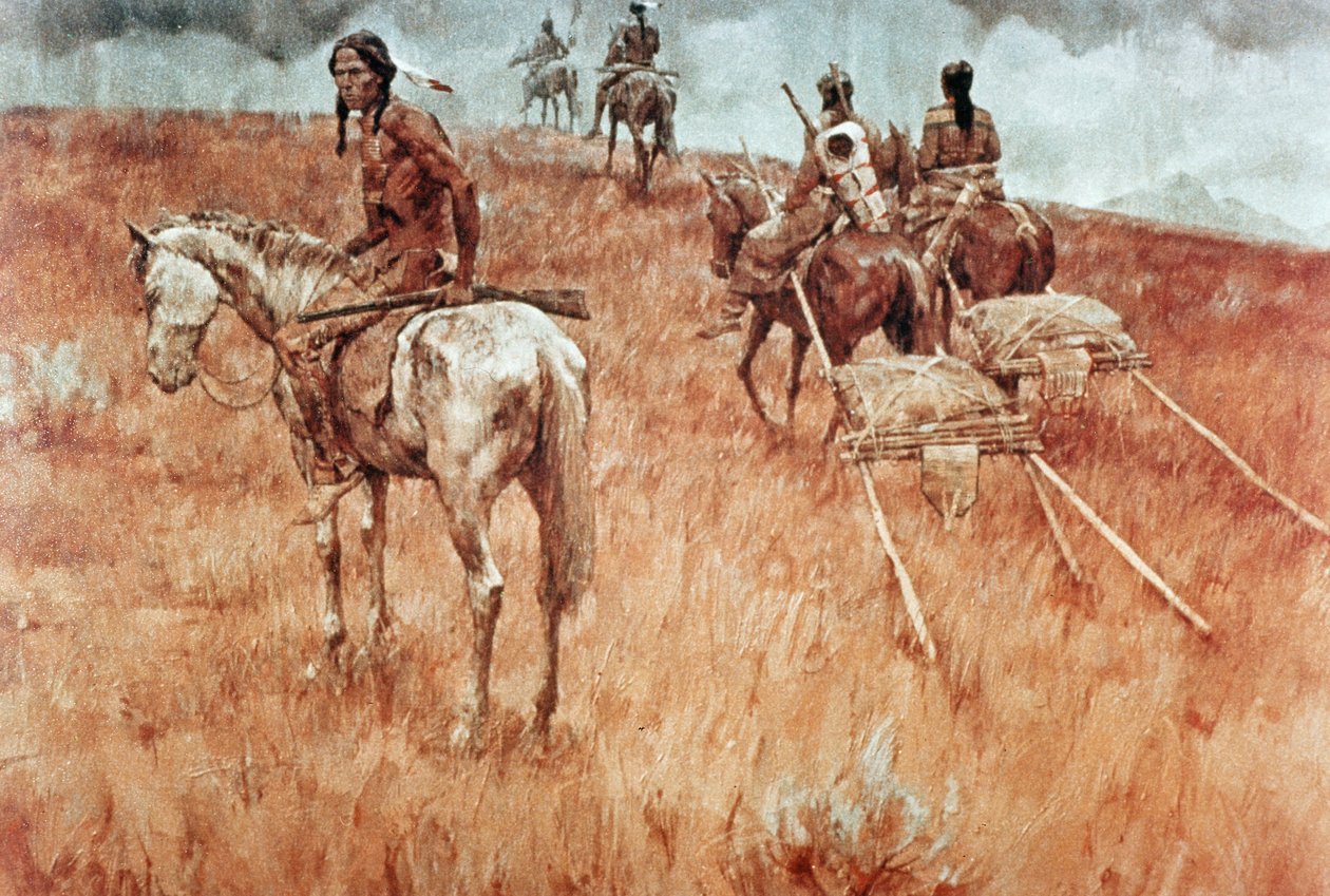 Sioux Indians on the Move (oil on canvas) بواسطة المدرسة الأمريكية