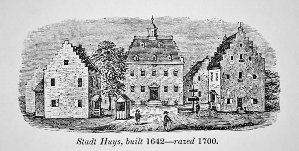 مبنى Stadt Huys الهولندي ، نيو أمستردام (نيويورك) ، تم بناؤه عام 1642 ودمر في عام 1700 (ليثو) بواسطة المدرسة الأمريكية