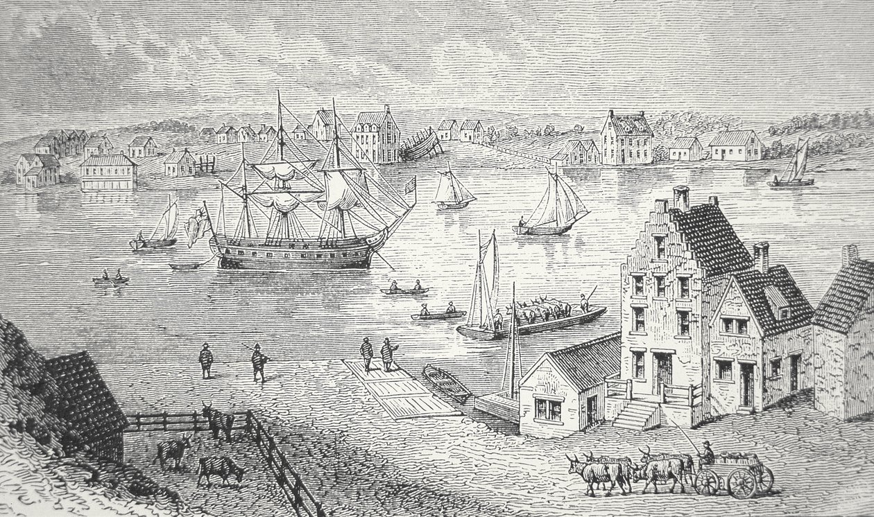 The ferry, New York, c.1750 (litho) بواسطة المدرسة الأمريكية