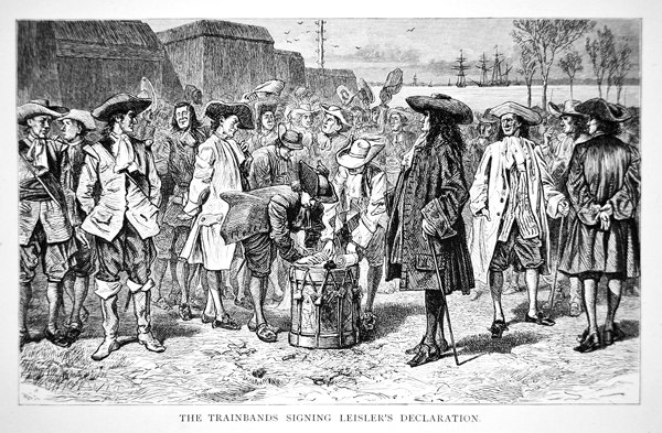 توقيع عصابات القطار إعلان ليسلر في عام 1689 (نقش) بواسطة المدرسة الأمريكية