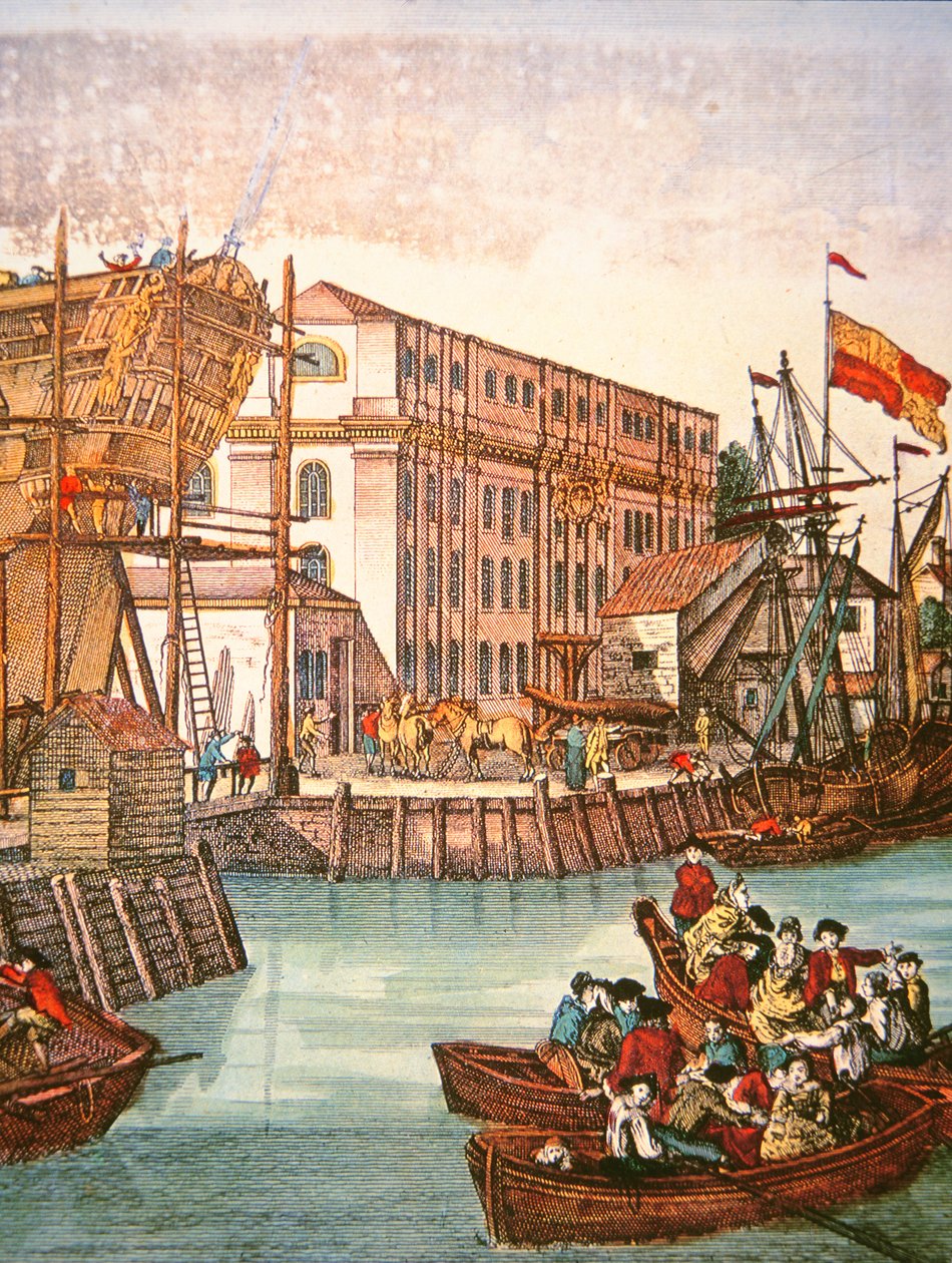 View of New York harbour in the mid-18th century (colour litho) بواسطة المدرسة الأمريكية