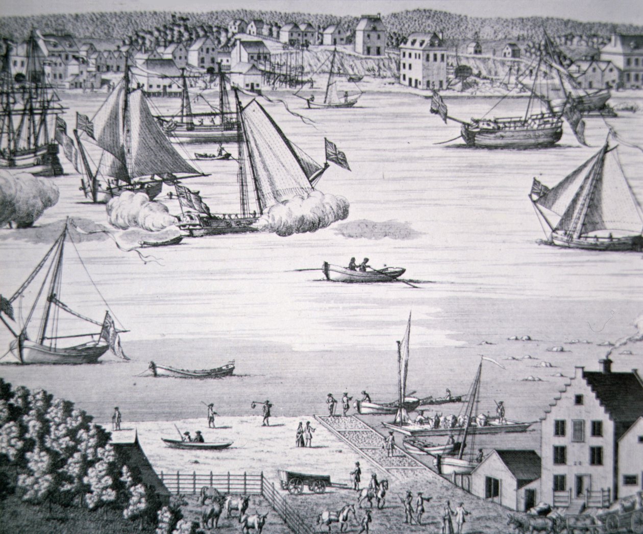 منظر للنهر الشرقي ، نيويورك حوالي عام 1750 مع مركز لبناء السفن (ليثو) بواسطة المدرسة الأمريكية