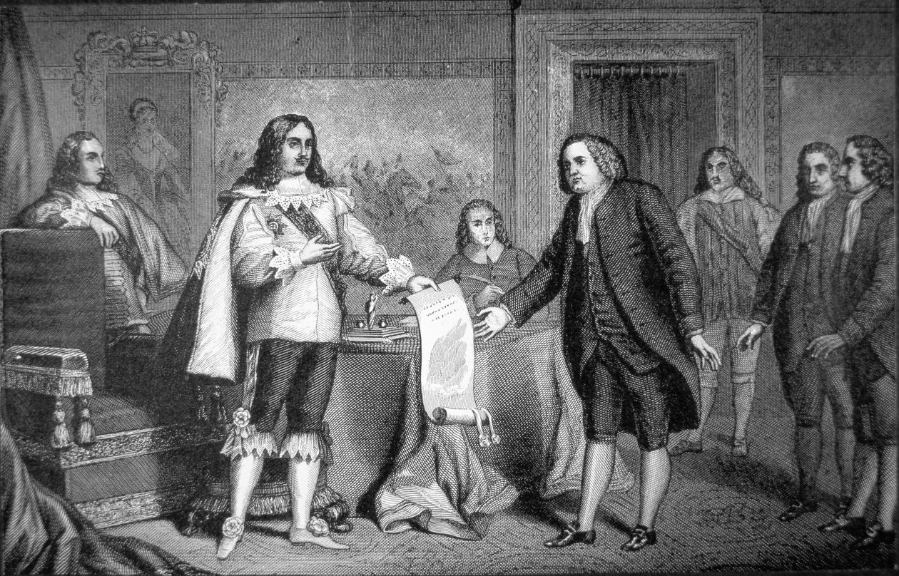 William Penn receives the Charter of Pennsylvania from Charles II of England in 1681 (litho) بواسطة المدرسة الأمريكية