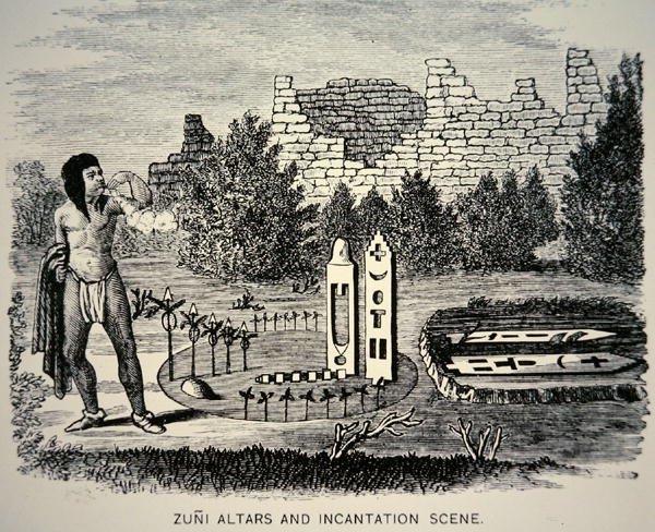 Zuni Tribesman ينفخ حبوب اللقاح فوق ضريح بويبلو (نقش) بواسطة المدرسة الأمريكية