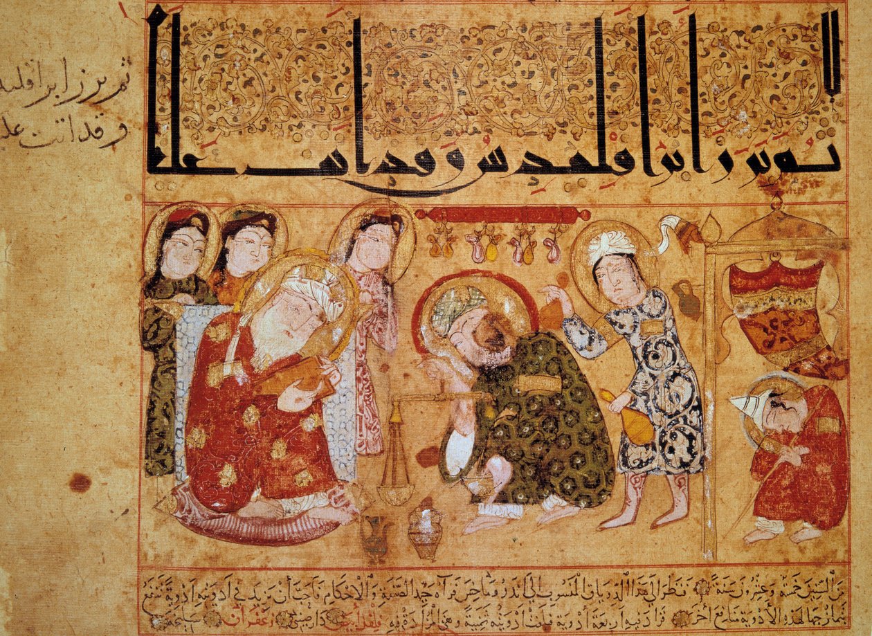 هيراكليد من تارانتو في الصيدلية. في القرن الثالث ، اخترع الطبيب اليوناني جالين العلاج ، والذي كان على العكس من ذلك أول ترياق ضد السموم التي تعتمد على عصير الخشخاش. منمنمة في "" كتاب الترياك (كتاب الدرياق) "" الصحيفة 17. بواسطة المدرسة العربية