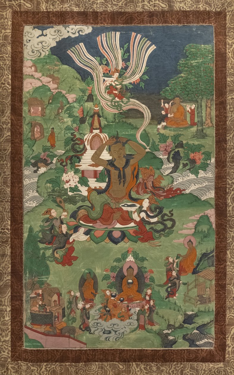 قص شعر ومشاهد أخرى. Thangka من تكملة مكرسة للحلقات الرئيسية من حياة بوذا. بواسطة المدرسة الآسيوية