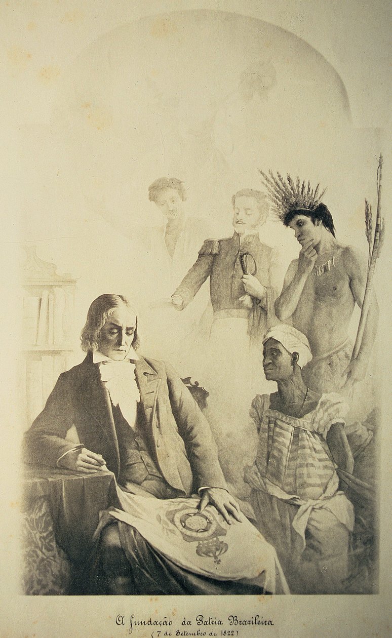 مؤسس الدولة البرازيلية ، 7 سبتمبر 1822 - رمزية تمثل الأجناس الثلاثة: العبد الأفريقي والبرتغالي والهندي الأصلي مع خوسيه بونيفاسيو (1763-1838) وبيدرو الأول (1793-1834) بواسطة المدرسة البرازيلية