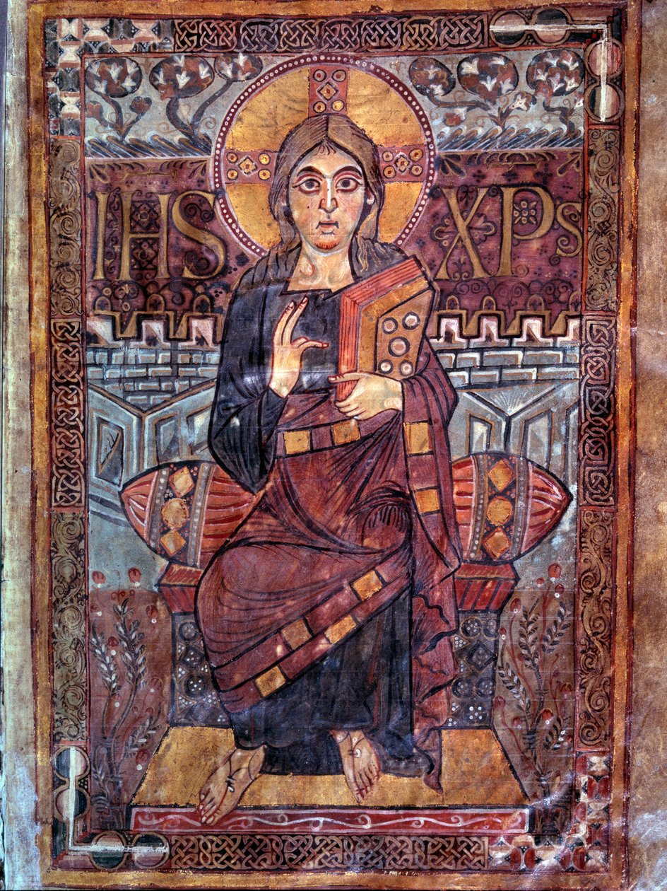 الفن الكارولنجي: المسيح في الجلال (في المجد). نسخة مصغرة من مخطوطة "Evangeliaire de Godescalc، Ecole du Palais de Charlemagne" (الورقة 3) نسخة بقلم Godescalc من تريزور Saint-Sernin de Toulouse، Bibliotheque du Louvre، 781-783. BN ، باريس بواسطة مدرسة كارولينجيان