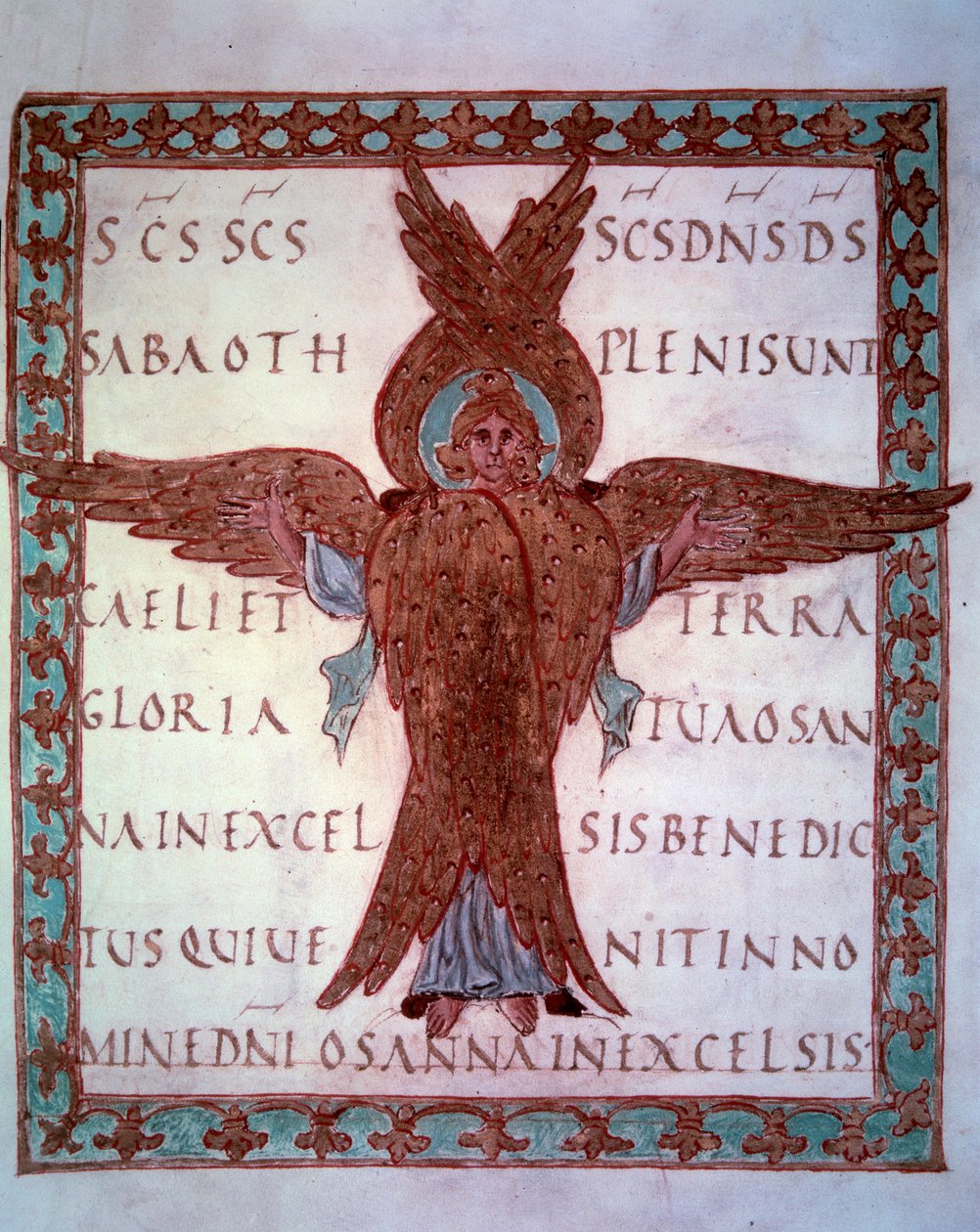 تمثيل مصغر للسيرافين مأخوذ من المخطوطة الكارولنجية "Sacramentaire de Drogon" ، المخصصة لدروجون ، ابن شارلمان. القرن التاسع في باريس ، بن بواسطة مدرسة كارولينجيان