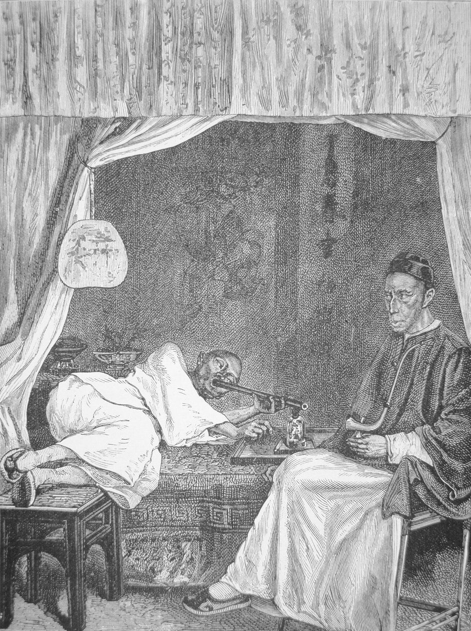 Chinese opium smokers, engraving from 1875 (litho) بواسطة المدرسة الصينية