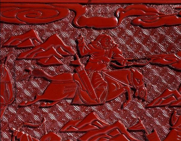 صندوق وثائق وغطاء ، يصوران آرتشر ، سلالة مينج (ورنيش أحمر منحوت) (تفصيل) (انظر 142706-7) بواسطة المدرسة الصينية