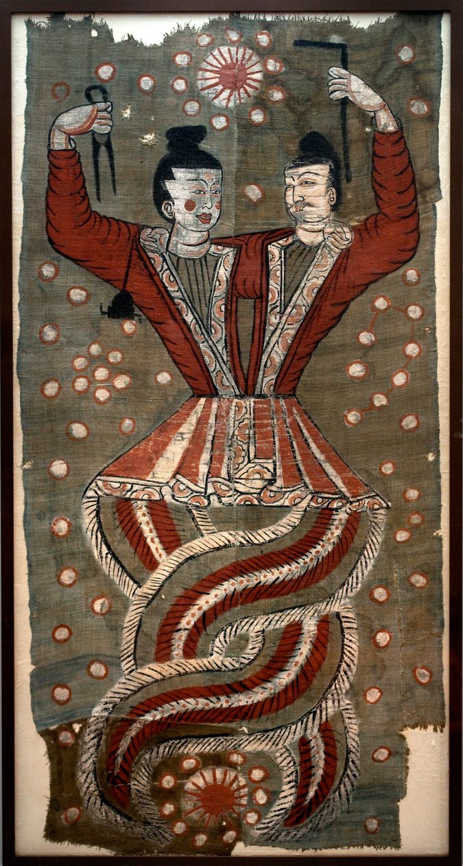 Fuxi and Nuwa, found in the tombs of Astana Cemetery, Turfan (painted silk) بواسطة المدرسة الصينية