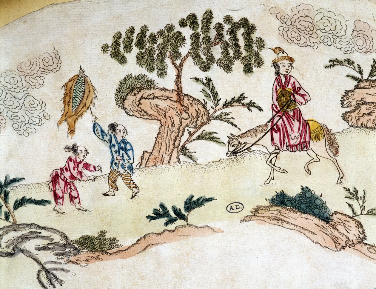 امرأة نبيلة على ظهور الخيل وأطفال يلعبون طائرة ورقية - طبعة صينية ، حوالي عام 1800 بواسطة المدرسة الصينية