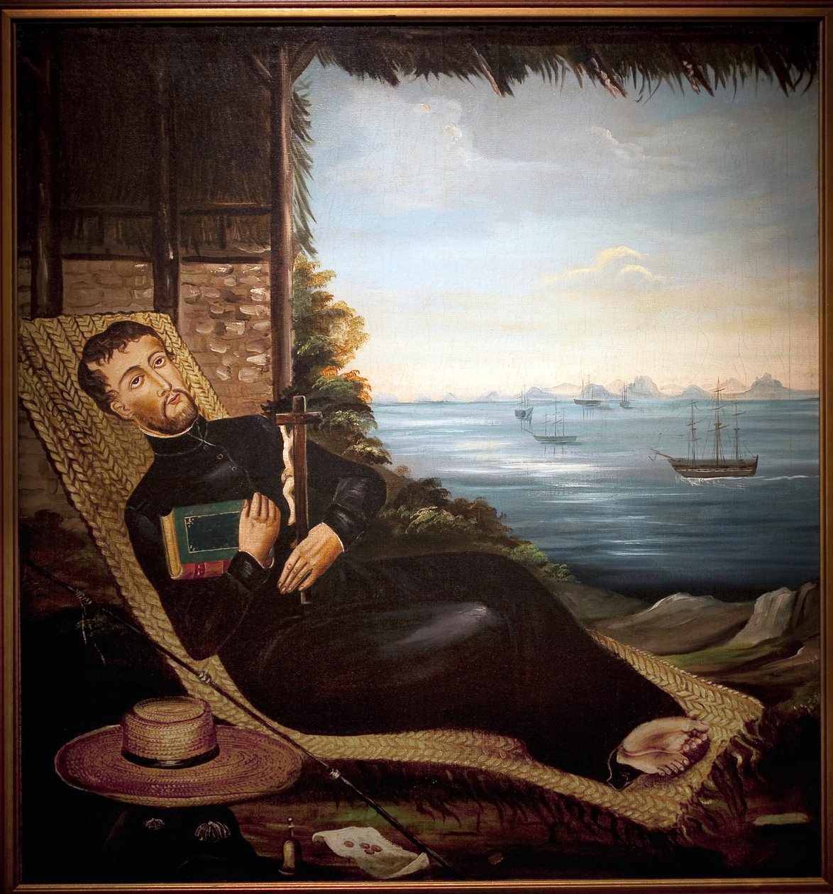 Saint Francois Xavier resting in front of the bay of hong kong (China). Painting of the Hong Kong workshop, oil on canvas, circa 1850. Port Louis Museum. بواسطة المدرسة الصينية