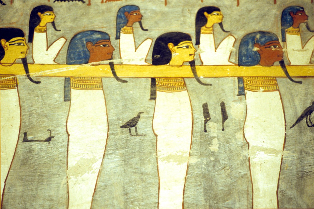 مصر القديمة، لوحة، آلهة العالم السفلي المربوطة إلى حتحور، البقرة الإلهية، تجر مركب الشمس، مقبرة رمسيس الأول، طيبة بواسطة المدرسة المصرية