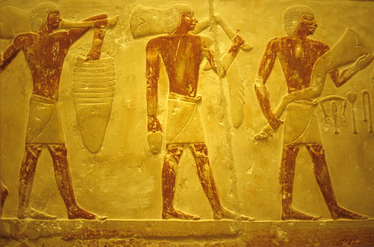 مصر القديمة، نحت/رسم على الحائط، المصطبة/مقبرة إيدوت، سقارة، 2323-2150 ق.م.، حاملو القرابين (صورة) بواسطة المدرسة المصرية