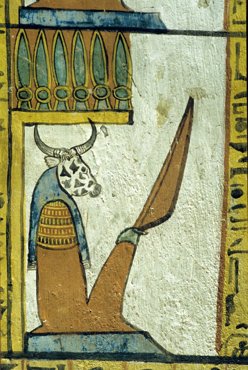 مصر القديمة، لوحة جدارية، إله العالم السفلي برأس بقرة، مقبرة سننجم، طيبة، دير المدينة بواسطة المدرسة المصرية