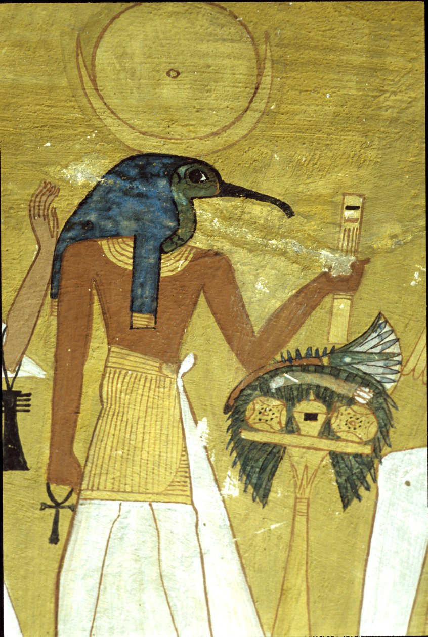 مصر القديمة، لوحة جدارية مقبرة انحرخاو، طيبة، الإله تحوت يقدم المتوفى لأوزوريس، الأسرة العشرين، أبو منجل رأس الإله بقرص القمر (صورة) بواسطة المدرسة المصرية