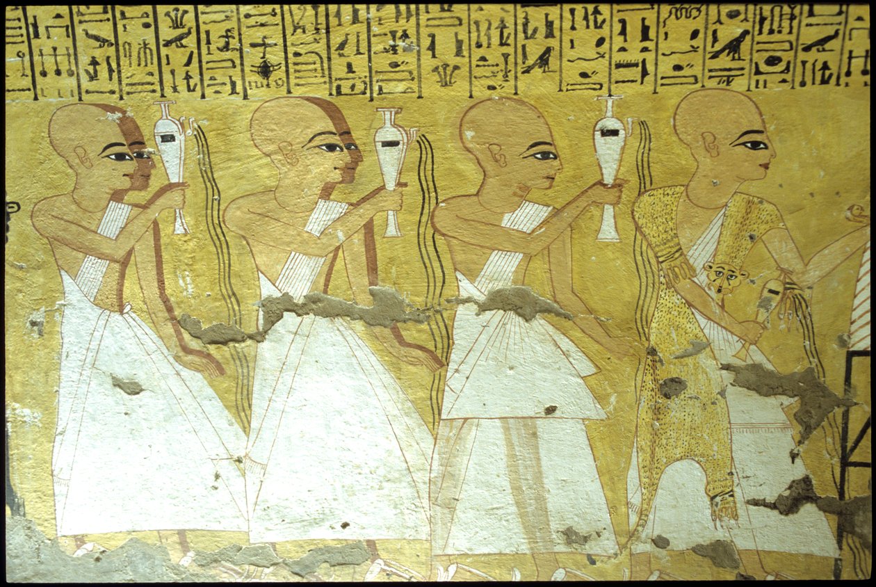 مصر القديمة، لوحة جدارية مقبرة انحرخاو، طيبة، مقبرة النبلاء، الأسرة العشرين، الكهنة يسكبون الإراقة على إنحرخاو (صورة) بواسطة المدرسة المصرية