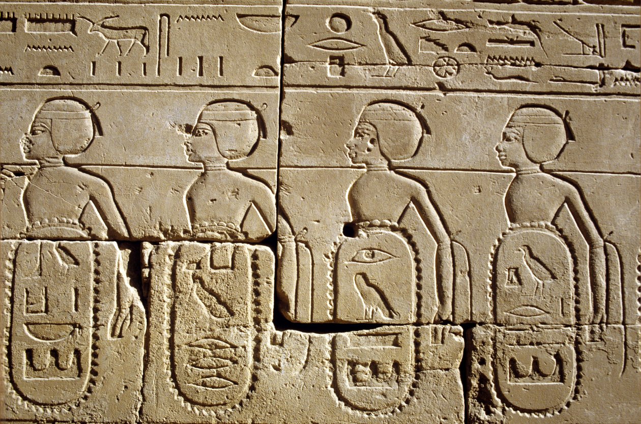 مصر القديمة، الرسم الجداري/النحت، الكرنك/الأقصر، الصرح السادس، جزء من قوائم قبائل الجنوب وسوريا التي خضعت لجيش تحتمس الثالث، معبد الكرنك، الأقصر بواسطة المدرسة المصرية