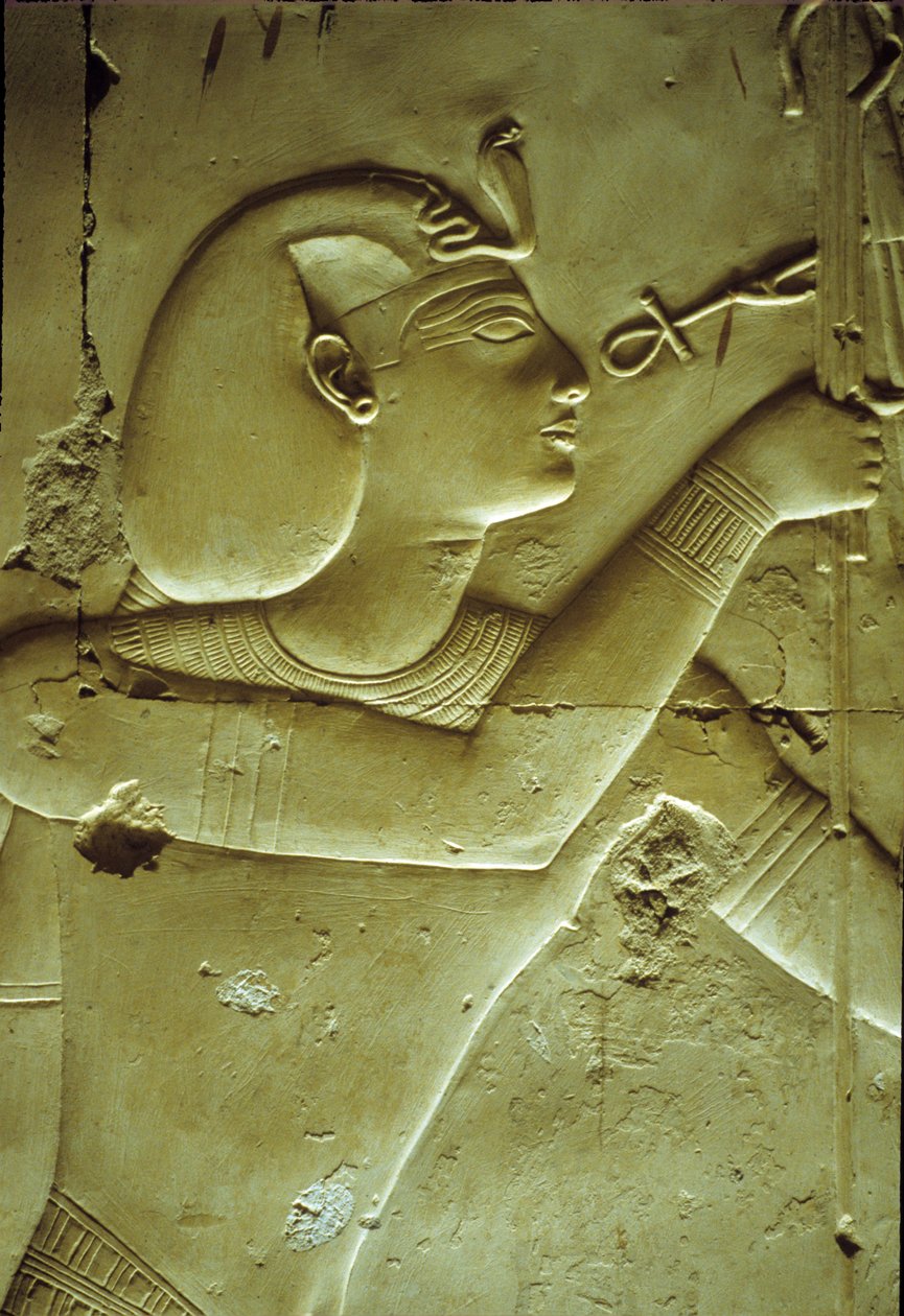 مصر القديمة، الرسم على الجدران/النحت، سيتي الأول يتلقى الحياة، يرمز إليه بالعنخ، معبد سيتي الأول، أبيدوس بواسطة المدرسة المصرية