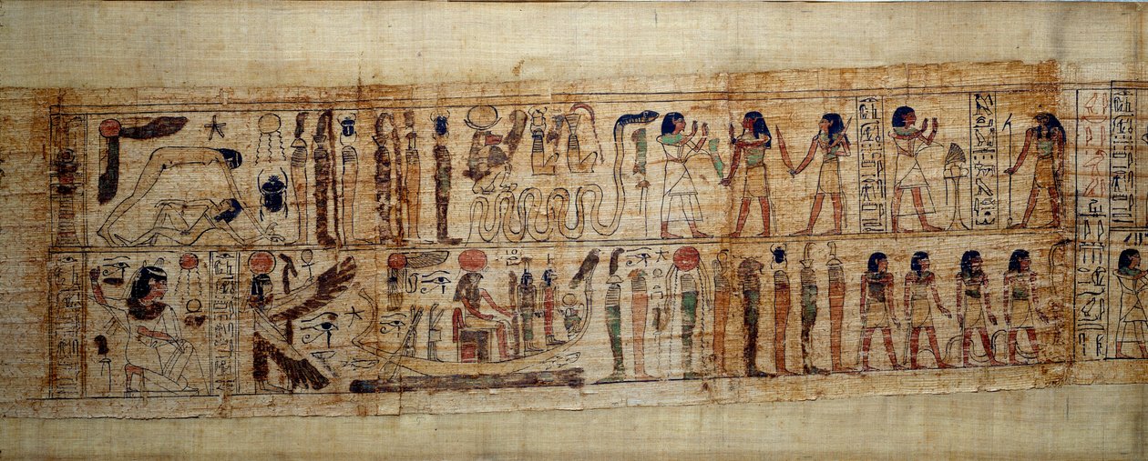 بردية الفن الأسطورية المصرية القديمة في سيريمن. في الأعلى: أثناء خلق العالم ، انفصل الإله جيب (الأرض) عن الإلهة نوت (الجنة) ؛ الآلهة والأجناس من الآن فصاعدًا. أدناه: تحيي Serimen الشمس التي تغمرها راها بواسطة المدرسة المصرية