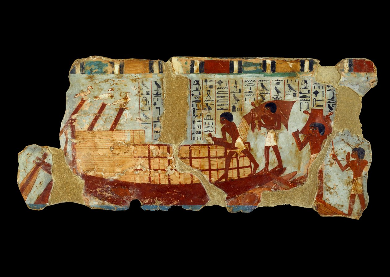 الفن المصري القديم: تحميل الحبوب على قارب على الطمي من مقبرة أونو (1450 قبل الميلاد). بواسطة المدرسة المصرية
