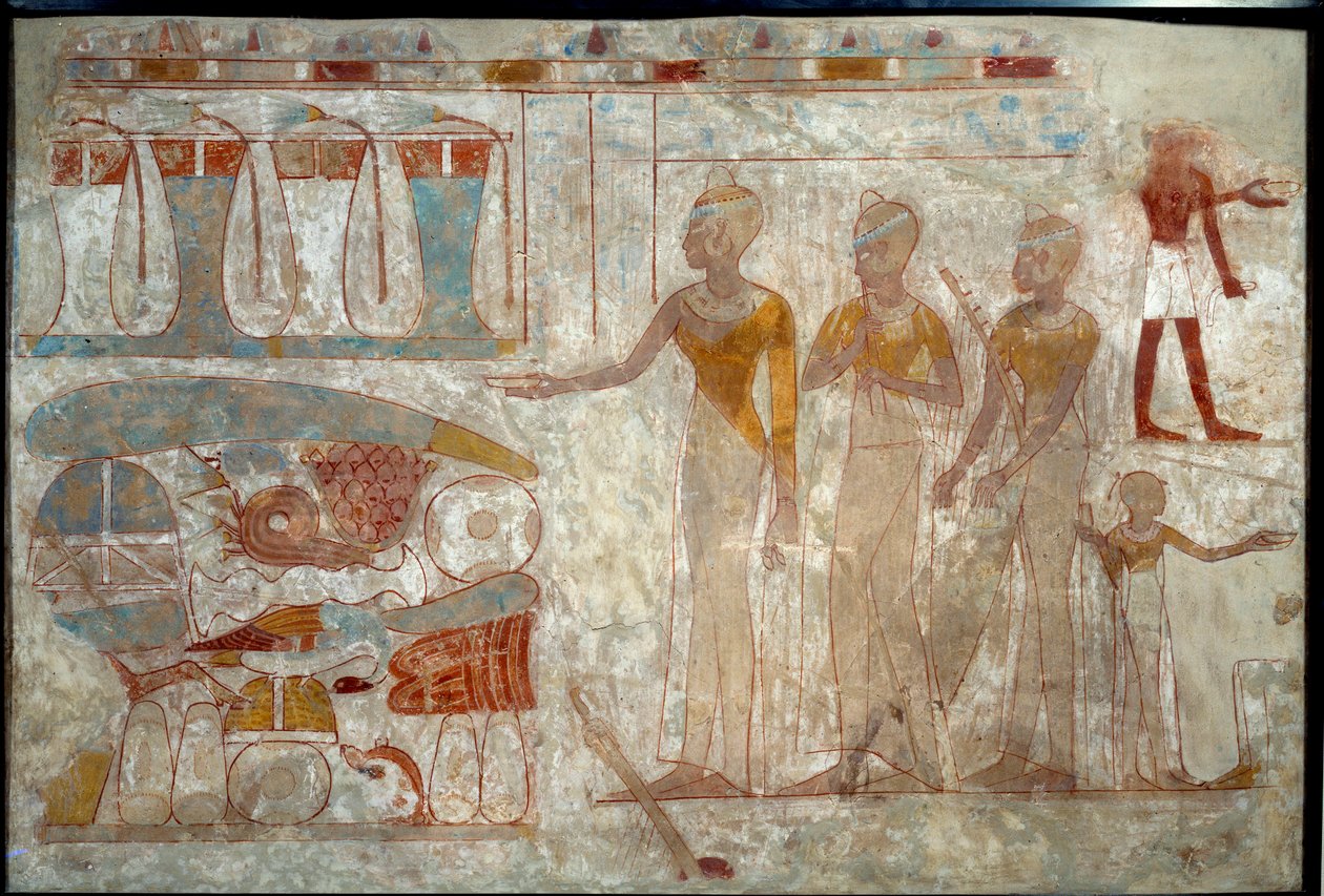 الفن المصرى القديم: موسيقيون فى مأدبة. الرسم على الطمي (حوالي 1400 قبل الميلاد). بواسطة المدرسة المصرية