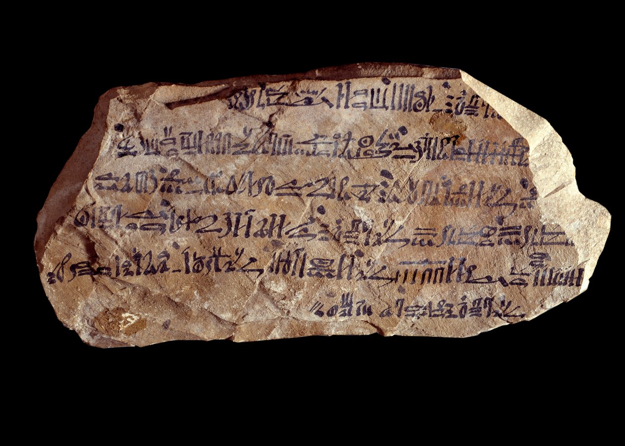 فن مصر القديمة: ostrakon (أو ostracon) (جمع: ostraca أو ostraka) hieratic (شظايا فخارية كتبت عليها أشياء مقدسة). إمبراطورية مصر الجديدة. باريس ، متحف اللوفر بواسطة المدرسة المصرية