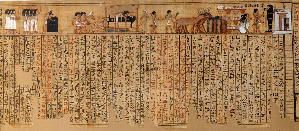 الآثار المصرية: كتاب الموتى ، بردية نبق. حوالي 1400-1350 ق. الأسرة الثامنة عشر. من طيبة. الشمس 6،3 م باريس ، متحف اللوفر بواسطة المدرسة المصرية