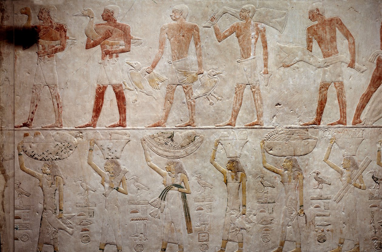 الأنتيكيت المصري: رجال يحملون البط. نقش من الحجر الجيري من مصلى مصطبة أخطتب في سقارة. الأسرة الخامسة (حوالي 2500-2350 قبل الميلاد) 2300 قبل الميلاد. باريس ، متحف اللوفر بواسطة المدرسة المصرية