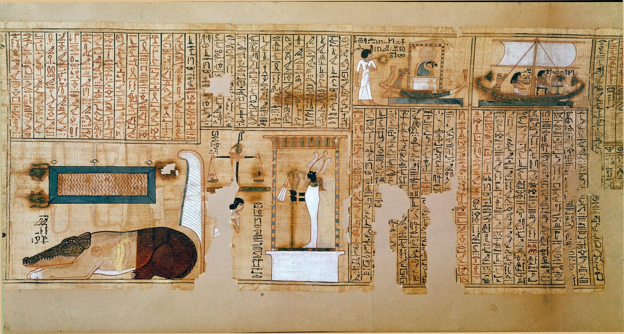 الآثار المصرية: جزء من كتاب الموتى ، بردية نبق. التفاصيل تمثل وزن النفوس. الأسرة الثامنة عشر. 1400-1350 ق. باريس ، متحف اللوفر بواسطة المدرسة المصرية