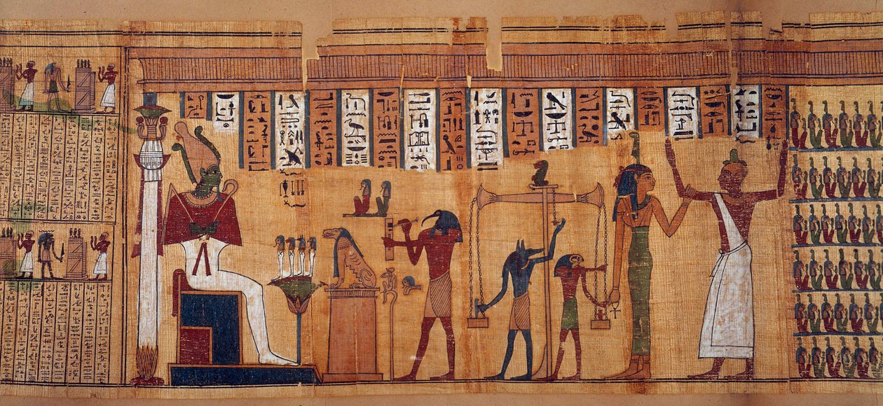 الآثار المصرية: وزن الأرواح ، بردية من كتاب موتى شهابيمو ، رئيس علماء الفلك آمون. الفترة البطلمية (332-30 قبل الميلاد) حوالي 500-100 قبل الميلاد ، باريس ، متحف اللوفر بواسطة المدرسة المصرية